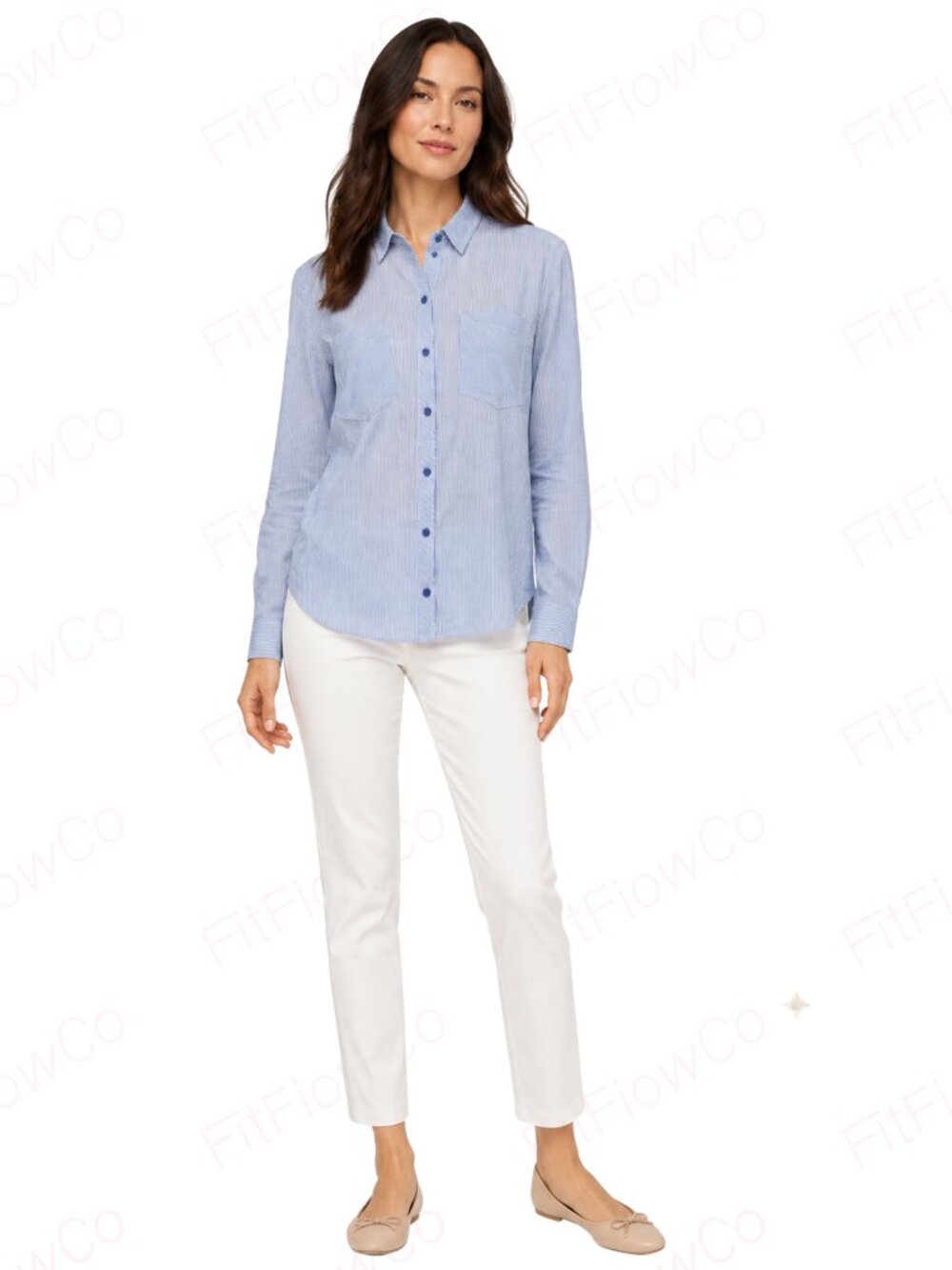 Passport Blue White Striped Oversized Tunic Shirt Roll Tab Sleeve M